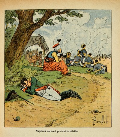 رسم إيضاحي لبومبلد لويس (1862-1927) من كتاب "ذكرى القديسة هيلين" للكونت إيمانويل دي لاس حالات (1766-1842): الإمبراطور نابليون نائم أثناء المعركة ، مجموعة خاصة بواسطة تفجير لويس تشارلز
