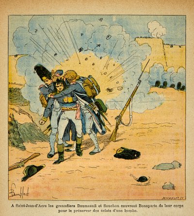 رسم إيضاحي لبومبلد لويس (1862-1927) من كتاب "ذكرى القديسة هيلين" للكونت إيمانويل دي لاس (1766-1842): عند حصار القديس جان داكري ، الغرينادين بيير دومسنيل وسوشون (كلود سوشون) دي تشانرون بواسطة تفجير لويس تشارلز