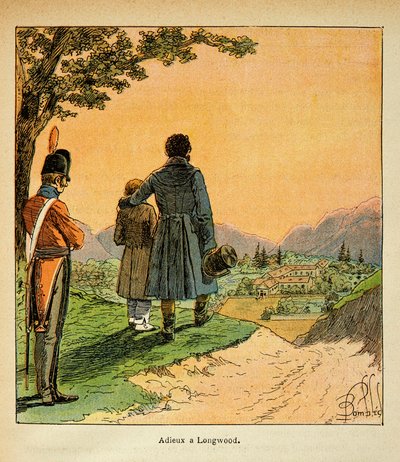 رسم إيضاحي لبومبلد لويس (1862-1927) من كتاب "ذكرى القديسة هيلين" بقلم الكونت إيمانويل دي لاس (1766-1842): وداعًا لحالات لاس وابنه إلى لونغوود ، مجموعة خاصة بواسطة تفجير لويس تشارلز