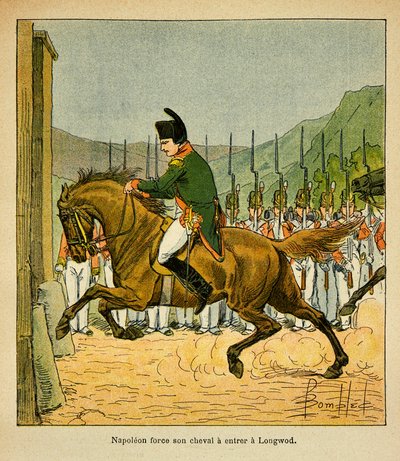 رسم إيضاحي لبومبلد لويس (1862-1927) من كتاب "ذكرى سانت هيلين" للكونت إيمانويل دي لاس حالات (1766-1842): الإمبراطور نابليون يجبر حصانه على دخول لونغوود في سانت هيلين ، مجموعة خاصة بواسطة تفجير لويس تشارلز