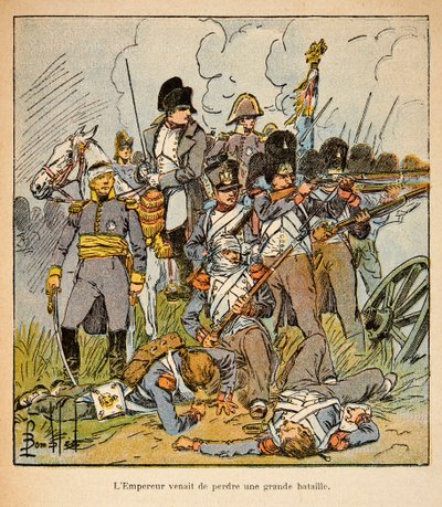 رسم إيضاحي لـ Bombled Louis (1862-1927) من كتاب "The Memorial of St. Helene" بقلم الكونت إيمانويل دي لاس حالات (1766-1842): الإمبراطور نابليون في معركة واترلو في عام 1815 ، مجموعة خاصة بواسطة تفجير لويس تشارلز