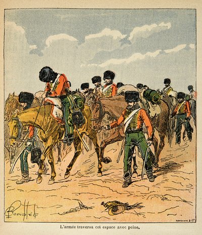 رسم إيضاحي لبومبلد لويس (1862-1927) من كتاب "نصب تذكاري لسانت هيلين" للكونت إيمانويل دي لاس حالات (1766-1842): يعبر الجيش الإمبراطوري بصعوبة السهول الروسية قبل موسكو ، مجموعة خاصة بواسطة تفجير لويس تشارلز
