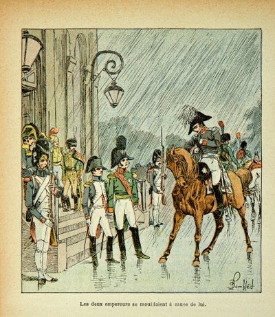 رسم إيضاحي لبومبلد لويس (1862-1927) من كتاب "ذكرى سانت هيلين" للكونت إيمانويل دي لاس حالات (1766-1842): الإمبراطور نابليون ، ملك بروسيا والقيصر ألكسندر الأول (1777-1825) في تيلسيت معاهدة عام 1807 ، مجموعة خاصة بواسطة تفجير لويس تشارلز