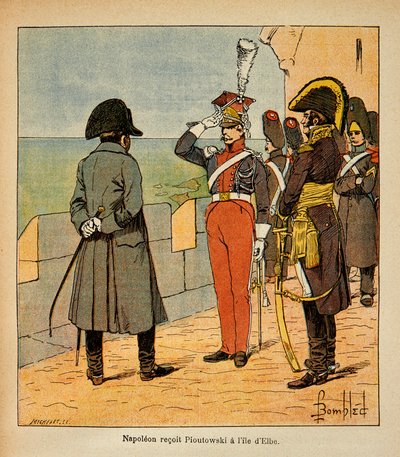 رسم إيضاحي لـ Bombled Louis (1862-1927) من كتاب "The Memorial of St. Helene" للكونت Emmanuel de Las Cases (1766-1842): يستقبل الإمبراطور نابليون ماريشال بوناتوسكي في جزيرة إلبا ، مجموعة خاصة بواسطة تفجير لويس تشارلز