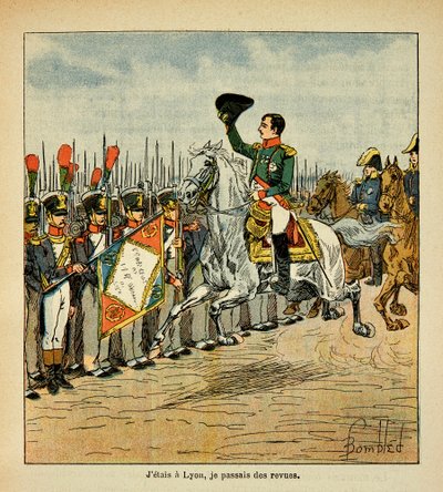 رسم إيضاحي لـ Bombled Louis (1862-1927) من كتاب "The Memorial se Sainte Helene" للكونت Emmanuel de Las Cases (1766-1842): الإمبراطور نابليون يمرر القوات إلى مراجعات ، مجموعة خاصة بواسطة تفجير لويس تشارلز