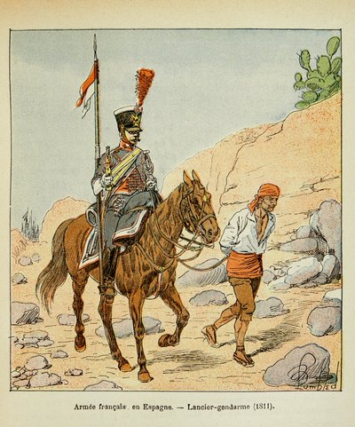 رسم توضيحي للويس بومبلد (1862-1927) من كتاب "ذكرى القديسة هيلين" بقلم الكونت إيمانويل دي لاس (1766-1842): الجيش الفرنسي في إسبانيا: Lancier Gendarme 1811 ، مجموعة خاصة بواسطة تفجير لويس تشارلز