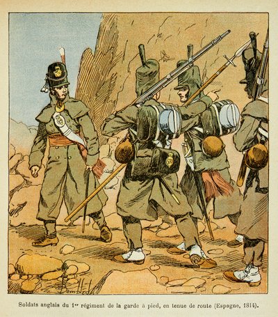 رسم توضيحي للويس القنبلة (1862-1927) من كتاب "ذكرى القديسة هيلين" بقلم الكونت إيمانويل دي لاس (1766-1842): جنود إنجليز من الفوج الأول للحرس في رصيف على الطريق (إسبانيا 1814) ، مجموعة خاصة بواسطة تفجير لويس تشارلز
