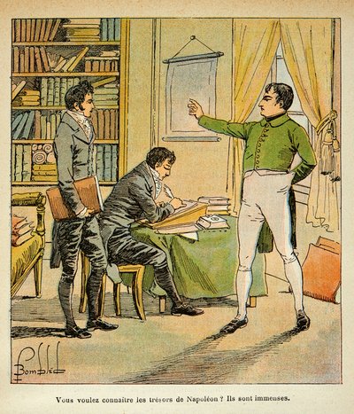 رسم توضيحي للوبلد لويس (1862-1927) من كتاب "ذكرى القديسة هيلين" بقلم الكونت إيمانويل دي لاس (1766-1842): نابليون يملي نصبه التذكارية على قضايا لاس ، مجموعة خاصة بواسطة تفجير لويس تشارلز