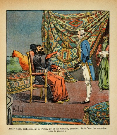 رسم توضيحي للويس بومبلد (1862-1927) من كتاب "ذكرى القديسة هيلين" للكونت إيمانويل دي لاس (1766-1842): السفير الفارسي أسكير خان ، في زيارة إلى باريس ، مع فرانسوا باربي-ماربوا (باربي ماربوا) (1745-1837) ، رئيس بواسطة تفجير لويس تشارلز