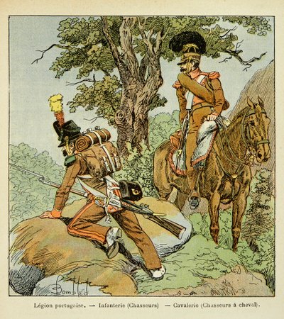 رسم توضيحي للويس بومبلد (1862-1927) من كتاب "نصب تذكاري لسانت هيلين" بقلم الكونت إيمانويل دي لاس (1766-1842): الفيلق البرتغالي: المشاة (الصيادون) وسلاح الفرسان (الصيادون على ظهور الخيل) ، مجموعة خاصة بواسطة تفجير لويس تشارلز