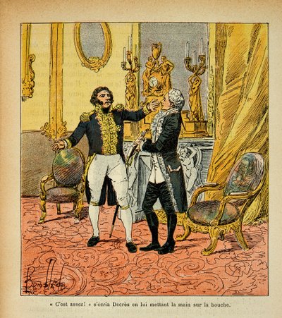 رسم توضيحي للويس بومبلد (1862-1927) من كتاب "ذكرى القديسة هيلين" بقلم الكونت إيمانويل دي لاس (1766-1842): تاليران (1754-1838) يواجه دينيس ديكرس (1761-1820) مجموعة خاصة بواسطة تفجير لويس تشارلز