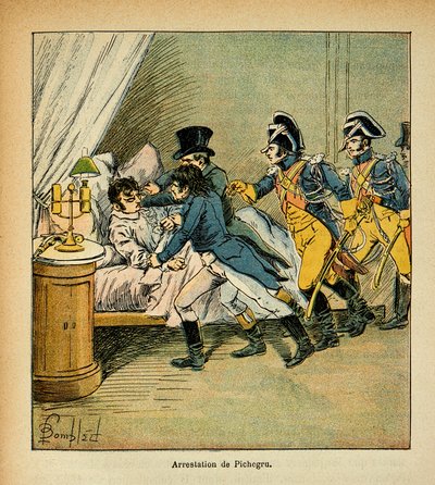 رسم توضيحي لـ Bombled Louis (1862-1927) من كتاب "The Memorial se Sainte Helene" بقلم الكونت إيمانويل دي لاس قضايا (1766-1842): اعتقال جان تشارلز بيشيغرو (1761-1804) في 28 فبراير 1804 ، مجموعة خاصة بواسطة تفجير لويس تشارلز