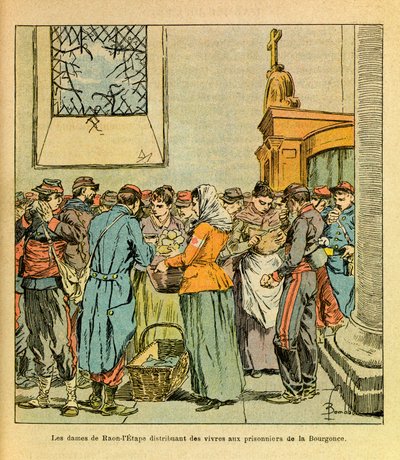 L'Armee de l'Est بواسطة Eugene Sergeant ، dit Grenest ، رسمها Louis Bombled (1862-1927) (الحرب الفرنسية الألمانية ؛ حملة 1870-1871): توزع نساء قرية Raon-l'Etape الطعام على سجناء بعد معركة La Bourgonce ، الجندي Collecti بواسطة تفجير لويس تشارلز