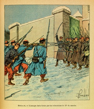 L'Armee de l'Est de Eugene Sergeant ، dit Grenest ، رسمها لويس بومبلد (1862-1927) (الحرب الفرنسية الألمانية ؛ حملة 1870-1871): يناير 1871 ، Hericourt ، المتطوعون الفرنسيون من 57 ، eme de marche en l'assault un ferme، Collection Partial بواسطة تفجير لويس تشارلز