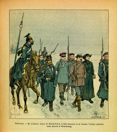 L'Armee de l'Est de Eugene Sergent ، dit Grenest ، مصور بواسطة Louis Bombled (1862-1927) (الحرب الفرنسية الألمانية ؛ حملة 1870-1871): يناير 1871 ، Hericourt ، M Lalance ، عمدة Montbeliard ، Abbe Chaumet و Vuillier بقيادة البروسيين تحت حراسة بواسطة تفجير لويس تشارلز