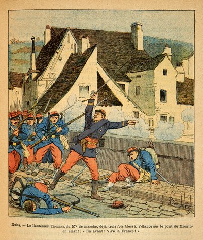 L'Armee de l'Est de Eugene Sergent ، dit Grenest ، مصور بواسطة Louis Bombled (1862-1927) (الحرب الفرنسية الألمانية ؛ حملة 1870-1871): معركة Nuits Saint Georges ، الملازم Thomas of the 57 ، eme دي مارش ، الذي أصيب بالفعل ثلاث مرات ، يبدأ في بواسطة تفجير لويس تشارلز