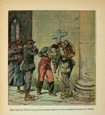 L'Armee de la Loire بواسطة Eugene Sergent ، dit Grenest ، رسمها Louis Bombled (1862-1927) (الحرب الفرنسية الألمانية ؛ حملة 1870-1871): في كنيسة Villiers ، يموت السجناء الفرنسيون من العطش للمشاركة في المحتويات من المستفيد ، مجموعة جزئية بواسطة تفجير لويس تشارلز