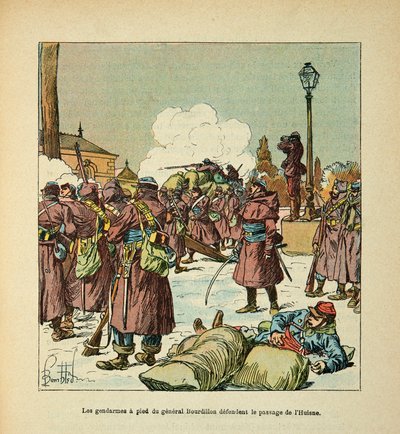 L'Armee de la Loire بواسطة Eugene Sergent ، dit Grenest ، مصور من قبل Louis Bombled (1862-1927) (الحرب الفرنسية الألمانية ؛ حملة 1870-1871): دافع رجال الدرك العام Bourdillon عن مرور Huisne في يناير 1871 ، مجموعة جزئي بواسطة تفجير لويس تشارلز