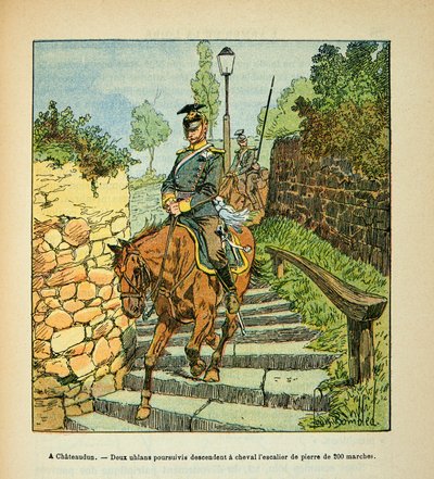 L'Armee de la Loire بقلم يوجين سيرجنت ، ديت جرينست ، مصور من قبل لويس بومبليد (1862-1927) (الحرب الفرنسية الألمانية ؛ حملة 1870-1871): في شاتودون ، تابع اثنان من سكان Uhlans النزول على ظهور الخيل على الدرج الحجري 200 درجة ، مجموعة Partial بواسطة تفجير لويس تشارلز