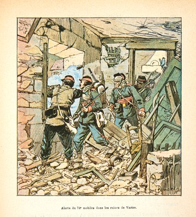 L'Armee de la Loire بواسطة Eugene Sergent ، dit Grenest ، رسمها لويس بومبلد (1862-1927) (الحرب الفرنسية الألمانية ؛ حملة 1870-1871): في ديسمبر 1870 ، 74 ، eme المتنقلة في أنقاض قرية فاريز ، مجموعة خاصة بواسطة تفجير لويس تشارلز