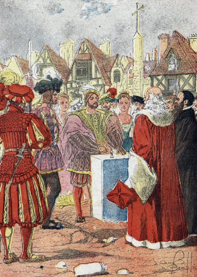 Posing by the King of France Francois I of the first stone of the Hotel de Ville de paris drawn by the Italian architect Boccador بواسطة تفجير لويس تشارلز