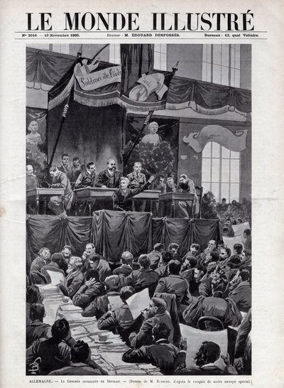 خطاب أوجست بيبل (1840-1913) أثناء المؤتمر الاشتراكي لبريسلاو بألمانيا عام 1895 - نقش في "العالم المصور" عام 1895 - رسم بواسطة بومبلد. بواسطة تفجير لويس تشارلز