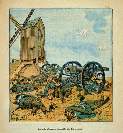 The Armee of the Loire بقلم يوجين سيرجنت ، المعروف باسم جرينست ، رسمه لويس بومبلد (1862-1927) (الحرب الفرنسية الألمانية ؛ حملة 1870-1871): بطارية ألمانية شيطانية من قبل زفير (مشاة خفيف من إفريقيا) أثناء القتال من Beaune La Rolande في بواسطة تفجير لويس تشارلز