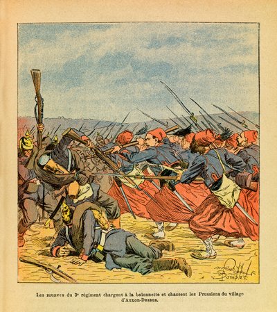 الجيش الشرقي ليوجين رقيب ، ديت جرينست ، رسمه لويس بومبلد (1862-1927) (الحرب الفرنسية الألمانية ؛ حملة 1870-1871): زوايف الفوج الثالث يشحنون دمية صغيرة ويطردون البروسيين من قرية Auxon-Dessus خلال ر بواسطة تفجير لويس تشارلز