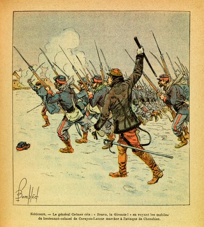 الجيش الشرقي ليوجين رقيب ، المعروف باسم جرينست ، رسمه لويس بومبلد (1862-1927) (الحرب الفرنسية الألمانية ؛ حملة 1870-1871): يناير 1871 ، هريكورت ، الجنرال كريمر يصرخ "برافو ، لا جيروند" عندما يرى دوافع المقدم بواسطة تفجير لويس تشارلز