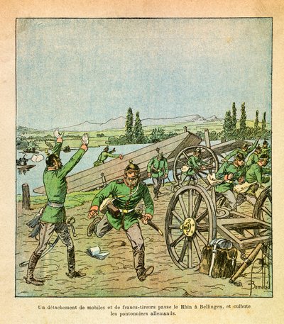 الجيش الشرقي ليوجين رقيب ، المعروف باسم جرينست ، رسمه لويس بومبلد (1862-1927) (الحرب الفرنسية الألمانية ؛ حملة 1870-1871): عبرت مفرزة من الدوافع الفرنسية والقناصة نهر الراين وهزت عمال الجسر الألمان ، مجموعة خاصة بواسطة تفجير لويس تشارلز