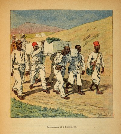 الحرب في مدغشقر - التاريخ القصصي للبعثات الفرنسية 1885-1895 بقلم هنري جالي ديت جاليشيت (1854-1922) ، رسمها لويس بومبلد (1862-1927): دفن جندي في تساراساوترا في عام 1895 ، مجموعة خاصة بواسطة تفجير لويس تشارلز