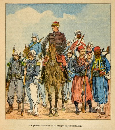 الحرب في مدغشقر - التاريخ القصصي للبعثات الفرنسية 1885-1895 بقلم هنري غالي ديت غالليشيت (1854-1922) ، رسمها لويس بومبلد (1862-1927): الجنرال دوتشيسن مع قوات المشاة الاستكشافية لمدغشقر ، مجموعة خاصة بواسطة تفجير لويس تشارلز