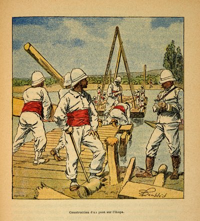 الحرب في مدغشقر - التاريخ القصصي للبعثات الفرنسية 1885-1895 بقلم هنري جالي ديت غالليشيت (1854-1922) ، رسمها لويس بومبلد (1862-1927): بناء جسر بواسطة الجني على نهر إيكوبا في عام 1895 ، مجموعة خاصة بواسطة تفجير لويس تشارلز