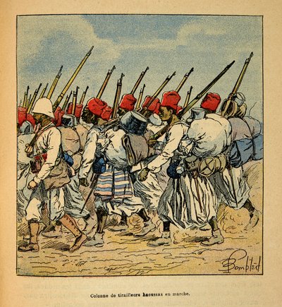 الحرب في مدغشقر - التاريخ القصصي للبعثات الفرنسية 1885-1895 بقلم هنري جالي ديت جاليشيت (1854-1922) ، رسمها لويس بومبلد (1862-1927): عمود Haoussas Tirailleurs يسير في عام 1895 ، مجموعة خاصة بواسطة تفجير لويس تشارلز