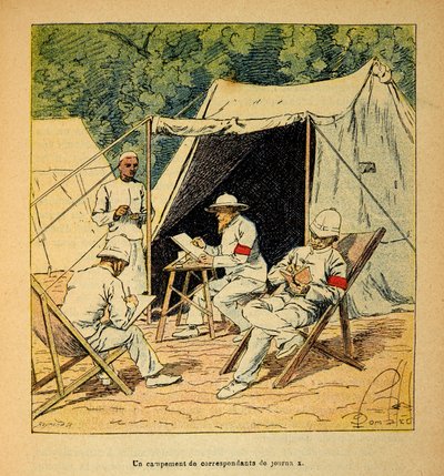 الحرب في مدغشقر - التاريخ القصصي للبعثات الفرنسية 1885-1895 بواسطة هنري جالي ديت جاليشيت (1854-1922) ، رسمها لويس بومبلد (1862-1927): معسكر لمراسلي الصحف في مدغشقر في عام 1895 ، مجموعة خاصة بواسطة تفجير لويس تشارلز