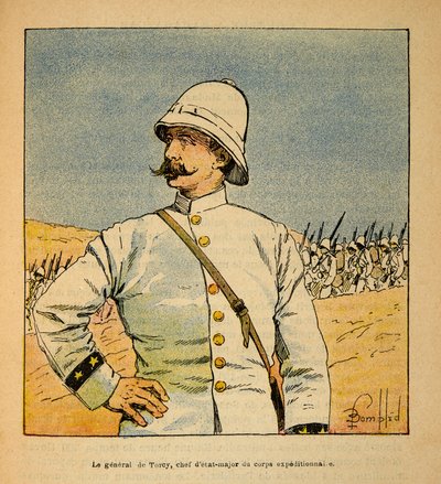 الحرب في مدغشقر - التاريخ القصصي للبعثات الفرنسية 1885-1895 بواسطة هنري جالي ديت جاليشيت (1854-1922) ، رسمها لويس بومبلد (1862-1927): صورة للجنرال دي تورسي (1844-1918) ، رئيس الأركان قوة المشاة في مداغ بواسطة تفجير لويس تشارلز