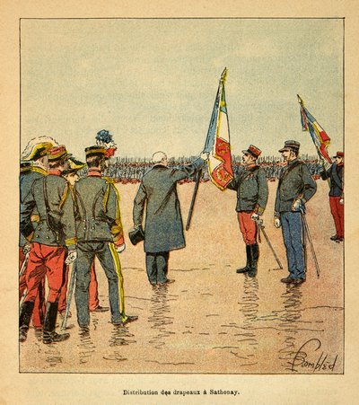 الحرب في مدغشقر - التاريخ القصصي للبعثات الفرنسية 1885-1895 بقلم هنري جالي ديت جاليشيت (1854-1922) ، مصور من قبل لويس بومبلد (1862-1927): توزيع الأعلام في ساتوناي على القوات المغادرة إلى مدغشقر في عام 1895 في العرض بواسطة تفجير لويس تشارلز
