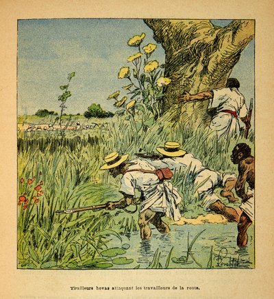 الحرب في مدغشقر - التاريخ القصصي للبعثات الفرنسية 1885-1895 بقلم هنري جالي ديت جاليشيت (1854-1922) ، رسمها لويس بومبلد (1862-1927): هوفاس تيرايليور يهاجم المبنى العسكري للطريق في عام 1895 ، مجموعة خاصة بواسطة تفجير لويس تشارلز