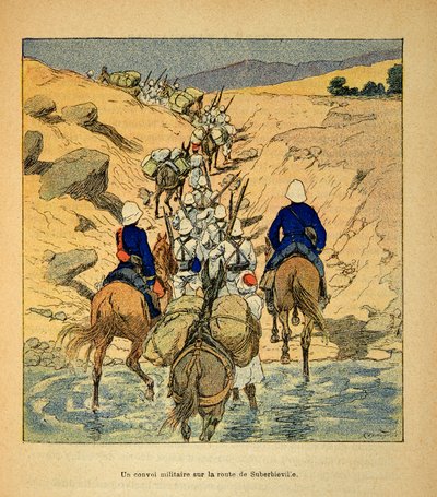 الحرب في مدغشقر - التاريخ القصصي للبعثات الفرنسية 1885-1895 بقلم هنري جالي ديت غالليشيت (1854-1922) ، رسمها لويس بومبلد (1862-1927): قافلة عسكرية على الطريق إلى Suberbieville في عام 1895 ، مجموعة خاصة بواسطة تفجير لويس تشارلز