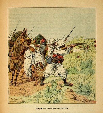 الحرب في مدغشقر - التاريخ القصصي للبعثات الفرنسية 1885-1895 بقلم هنري جالي ديت جاليشيت (1854-1922) ، مصور من قبل لويس بومبلد (1862-1927): هجوم على قافلة عسكرية من قبل Fahavolos ، مجموعة خاصة بواسطة تفجير لويس تشارلز
