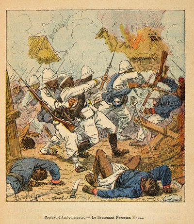 الحرب في مدغشقر - التاريخ القصصي للبعثات الفرنسية 1885-1895 بواسطة هنري جالي ديت غالليشيت (1854-1922) ، مصور من قبل لويس بومبلد (1862-1927): جروح الملازم فورستون أثناء معارك أمبولومونتي في عام 1895 ، مجموعة خاصة بواسطة تفجير لويس تشارلز
