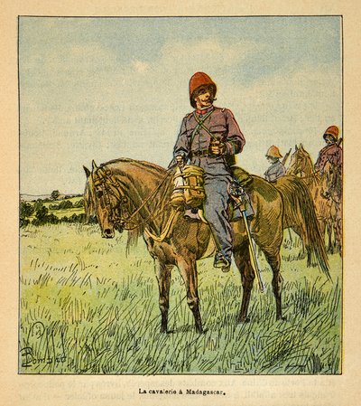 الحرب في مدغشقر - التاريخ القصصي للبعثات الفرنسية 1885-1895 بقلم هنري جالي ديت غالليشيت (1854-1922) ، مصور من قبل لويس بومبلد (1862-1927): La Cavalerie francaise à Madagascar ، مجموعة جزئية بواسطة تفجير لويس تشارلز