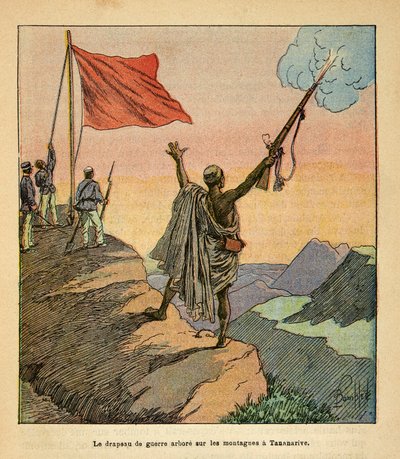 الحرب في مدغشقر - التاريخ القصصي للبعثات الفرنسية 1885-1895 بقلم هنري جالي ديت جاليشيت (1854-1922) ، مصور من قبل لويس بومبلد (1862-1927): مصنع علم الحرب الأحمر الملغاشي على جبال تاناناريف ، مجموعة خاصة بواسطة تفجير لويس تشارلز