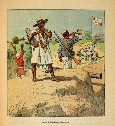 الحرب في مدغشقر - التاريخ القصصي للبعثات الفرنسية 1885-1895 بواسطة هنري جالي ديت غالليشيت (1854-1922) ، كما رسمها لويس بومبلد (1862-1927): القوات الملغاشية في حالة تأهب في مانجاكاندريانومبا عند وصول القوات الفرنسية في عام 1895 ، بريفا بواسطة تفجير لويس تشارلز