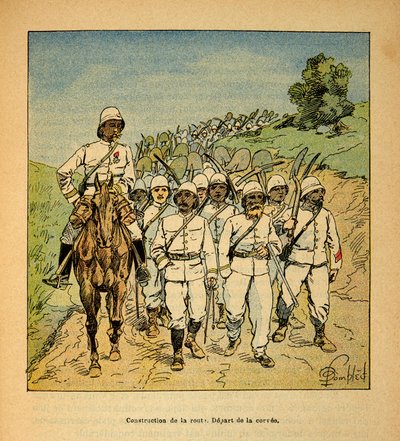 الحرب في مدغشقر - التاريخ القصصي للبعثات الفرنسية 1885-1895 بواسطة Henri Galli dit Galllichet (1854-1922) ، رسمها Louis Bombled (1862-1927): بناء طريق في مدغشقر ، بداية السخرة ، مجموعة خاصة بواسطة تفجير لويس تشارلز