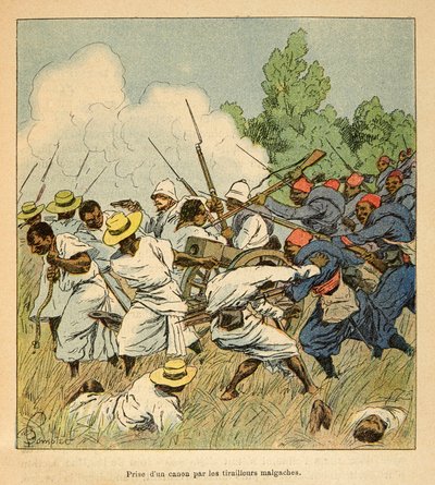 الحرب في مدغشقر - التاريخ القصصي للبعثات الفرنسية 1885-1895 بواسطة هنري جالي ديت غالليشيت (1854-1922) ، رسمها لويس بومبلد (1862-1927): استولت الملغاشية على مدفع خلال معارك أمبولومونتي في عام 1895 ، مجموعة خاصة بواسطة تفجير لويس تشارلز