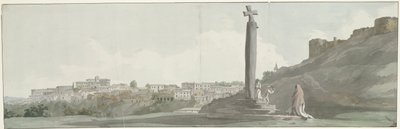 Gezicht op Arriano en monument، zogenaamde altaar van Janus منظر لمدينة أريانو (Equotuticum) ، نصب تذكاري قديم يسمى مذبح إيانوس ، والقلعة المدمرة (العنوان على الكائن) رحلات في إيطاليا وصقلية ومالطا - 1778 (عنوان السلسلة) بواسطة لويس دوكروس