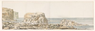 Gezicht op rots losgeraakt van kust في inham van Gozo منظر لصخرة مفصولة عن شاطئ غوزو في آنس تسمى كالاتا دوليرا (العنوان على الجسم) رحلات في إيطاليا وصقلية ومالطا - 1778 (عنوان السلسلة) بواسطة لويس دوكروس