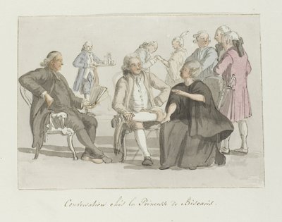 أعضاء المجموعة السياحية يتحدثون مع أميرة بيسكاريس محادثة chés la Princesse de Biscaris (العنوان على الكائن) Voyage en Italy ، en Sicile et à Malte - 1778 (عنوان السلسلة) بواسطة لويس دوكروس