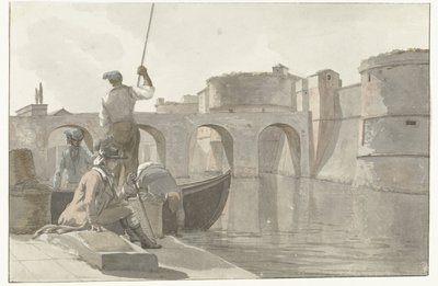 Vestingsgracht van de vestingwerken الجديدة في تارانتو منظر للخندق المائي الجديد لقلعة تارانتو (العنوان على الجسم) رحلات في إيطاليا وصقلية ومالطا - 1778 (عنوان السلسلة) بواسطة لويس دوكروس